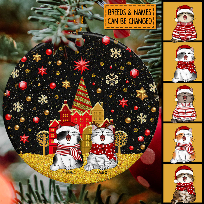 Cats Standings On Gold Glitter Land - Personalized Cat Christmas Ornament