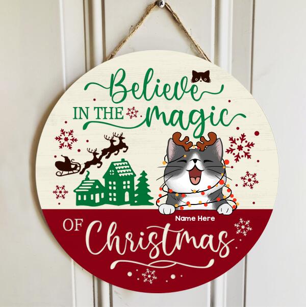 Christmas Door Decorations, Gifts For Cat Lovers, Believe In The Magic Of Christmas, Wheat And Red Welcome Door Signs , Cat Mom Gifts