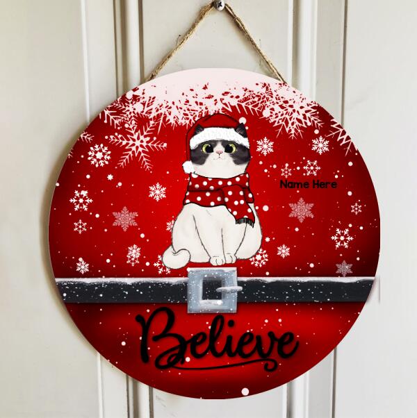 Christmas Door Decorations, Gifts For Cat Lovers, Believe Red Background With Snow Welcome Door Signs , Cat Mom Gifts