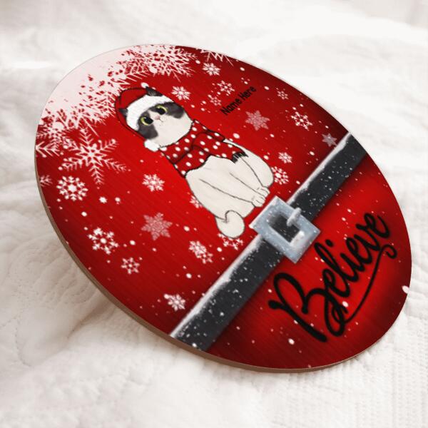 Christmas Door Decorations, Gifts For Cat Lovers, Believe Red Background With Snow Welcome Door Signs , Cat Mom Gifts