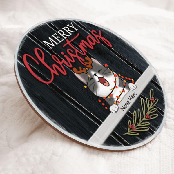 Christmas Door Decorations, Gifts For Cat Lovers, Merry Christmas Black Wooden Welcome Door Signs , Cat Mom Gifts