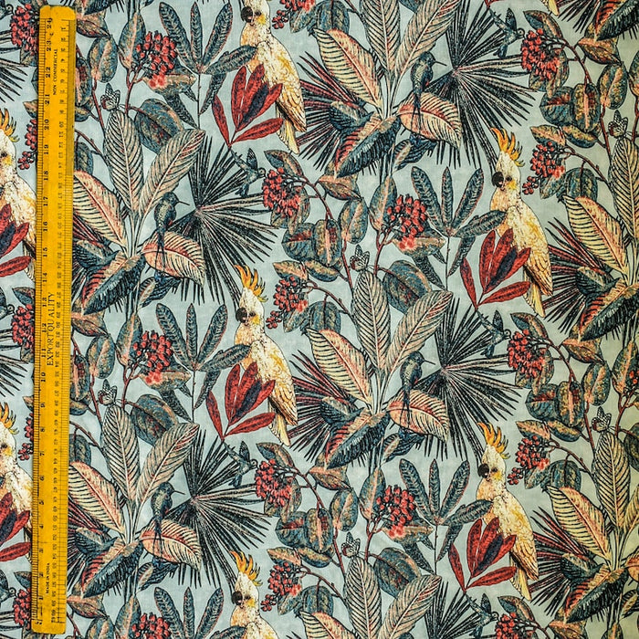 Cockatoo Love Sea Green, Red & Blue Cotton Spun Printed Fabric By The Yard