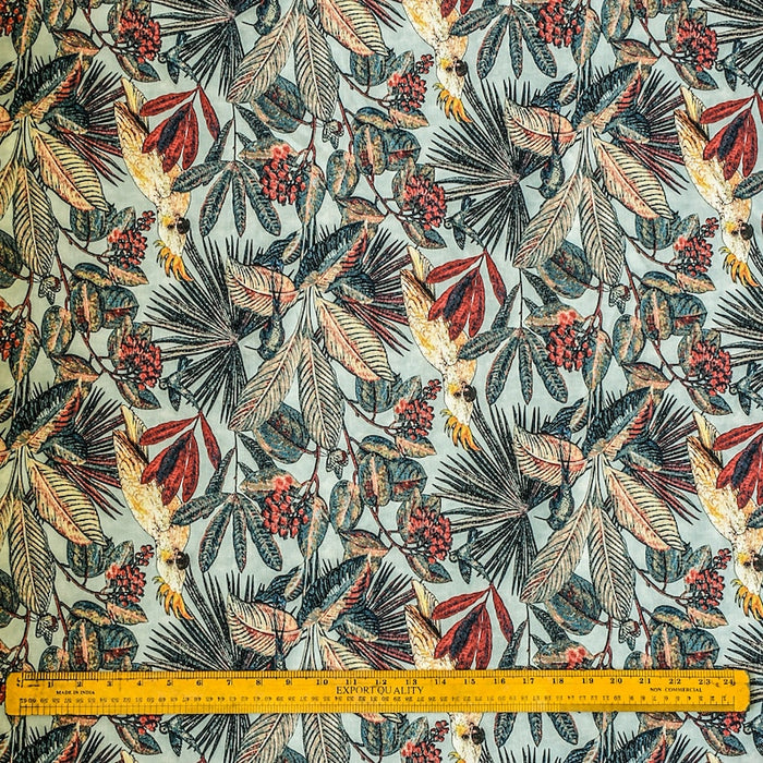 Cockatoo Love Sea Green, Red & Blue Cotton Spun Printed Fabric By The Yard
