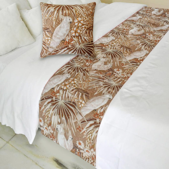 Cockatoo Song - Cotton Beige Decorative Bed Runner and Pillow Cover