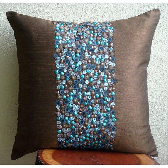 Cocoa Turq - Chocolate Brown Art Silk Decorative Euro Sham