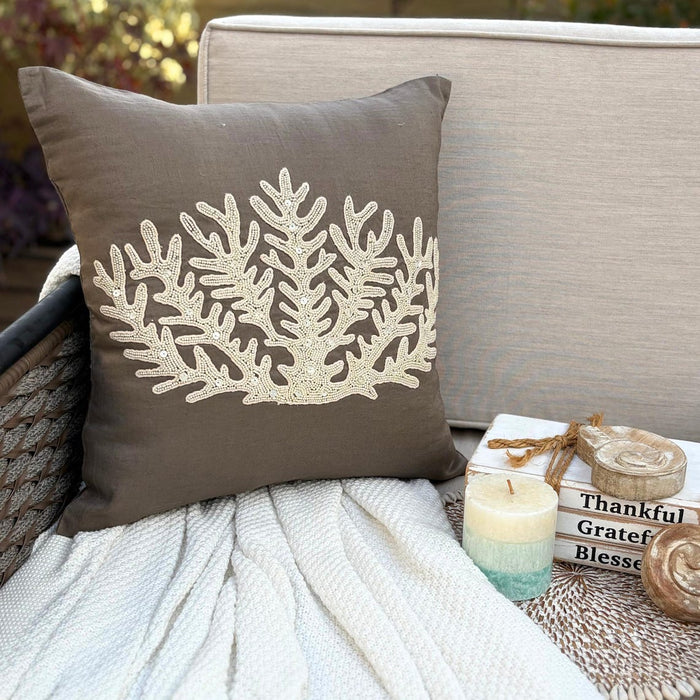Coral Harvest - Brown Cotton Linen Decorative Euro Sham