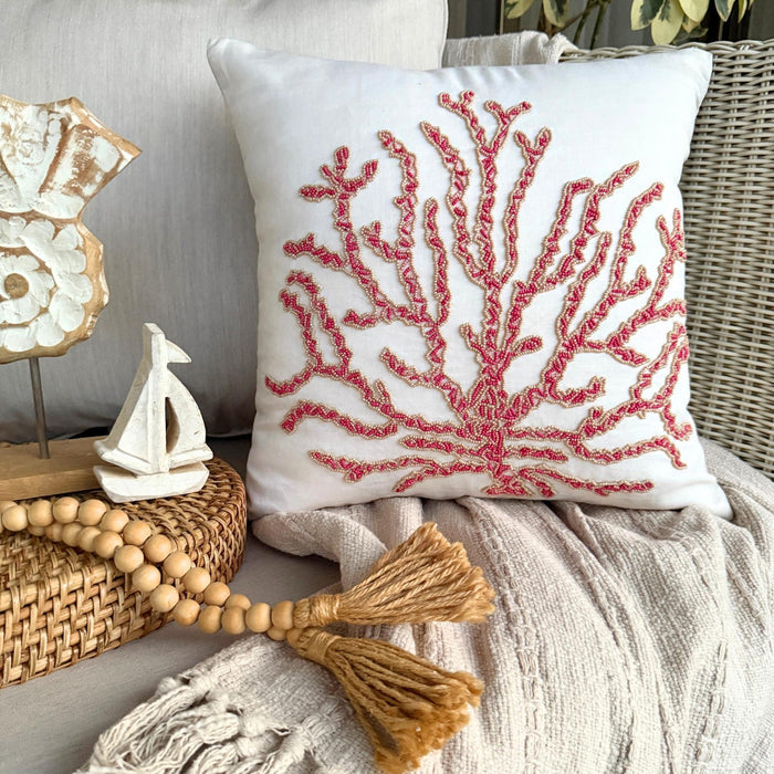 Coral Secrets - Red Cotton Linen Decorative Euro Sham