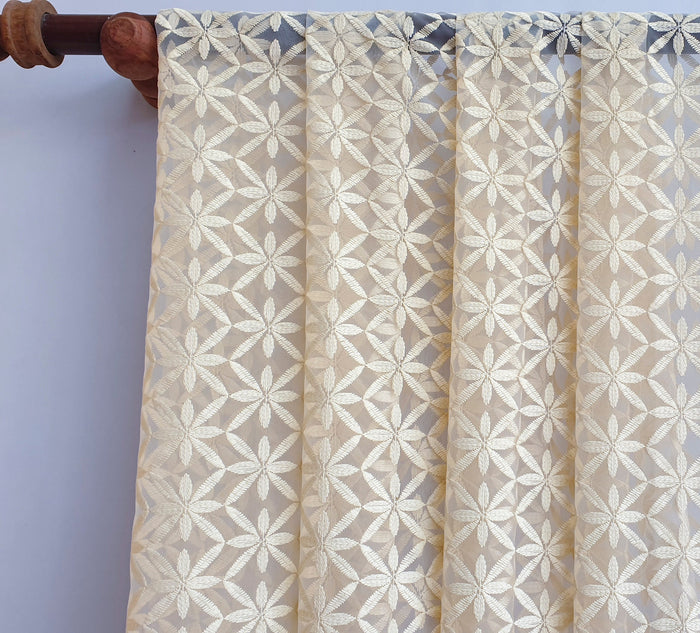 Cream Flowers Sheer Printed Velvet Embroidery Curtain Panels