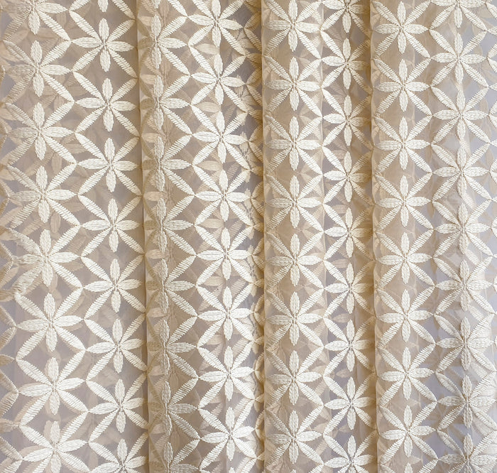 Cream Flowers Sheer Printed Velvet Embroidery Curtain Panels