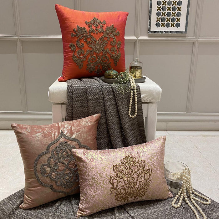 Damask Silk Pink - Pink & Gold Silk Throw Pillow Cover