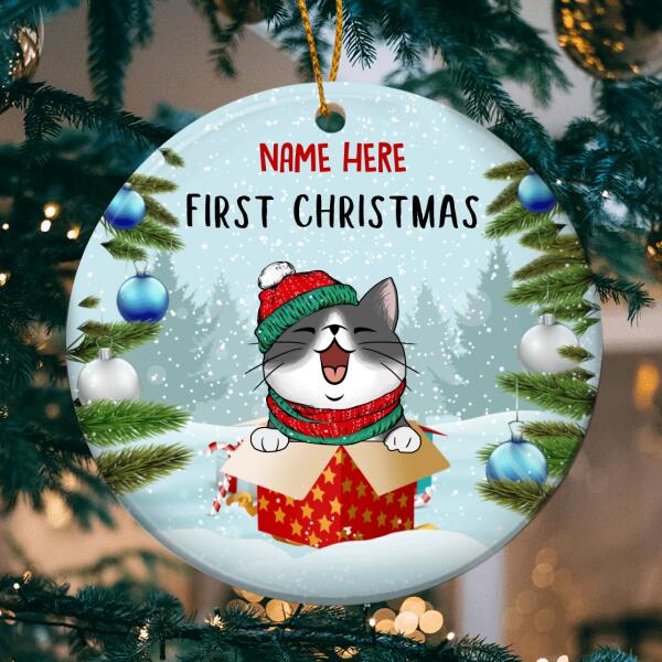 First Christmas Cat In The Gift Box Circle Ceramic Ornament - Personalized Cat Lovers Decorative Christmas Ornament