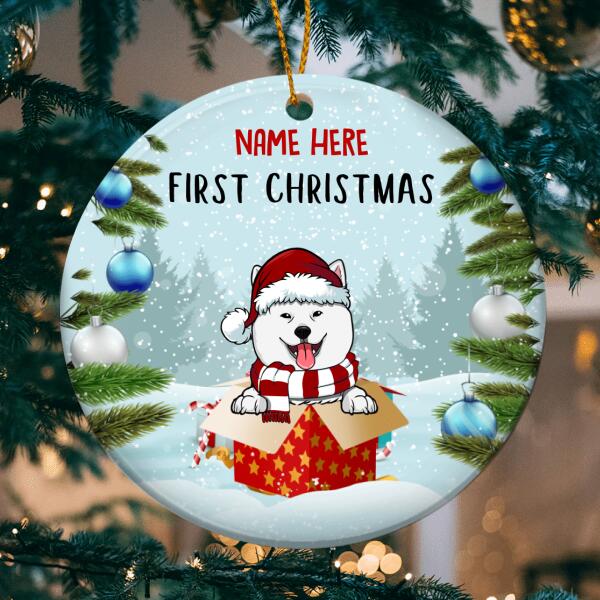 First Christmas Dog In The Gift Box Circle Ceramic Ornament - Personalized Dog Lovers Decorative Christmas Ornament