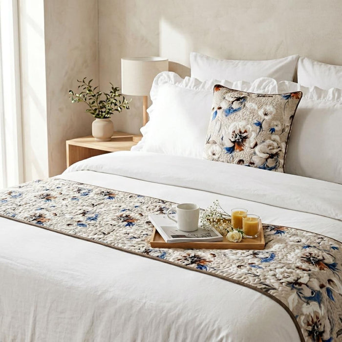 Floral Harmony - Satin Ivory Decorative Bed Runner and Pillow Cover