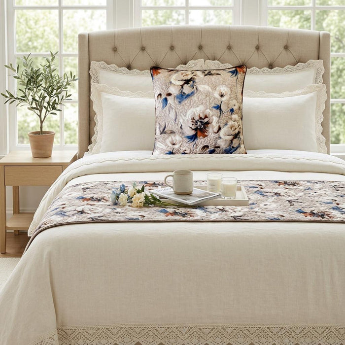 Floral Harmony - Satin Ivory Decorative Bed Runner and Pillow Cover