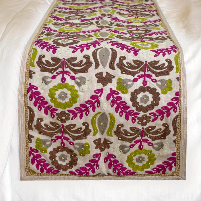 Folk Floral - Cotton Chartreuse & Berry Decorative Bed Runner and Pillow Cover