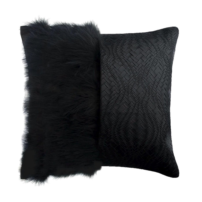Furry World - Black Faux Leather  &  Fur Decorative Euro Sham
