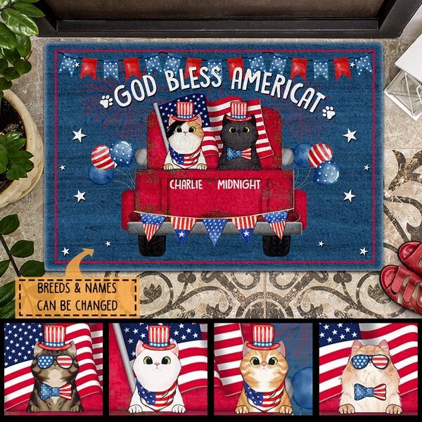 God Bless Americat - 4th Of July - Personalized Cat Doormat