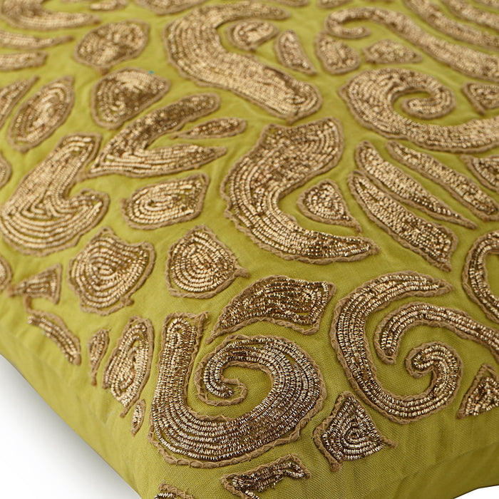 Gold Carnival - Green Cotton Linen Throw Pillow Cover