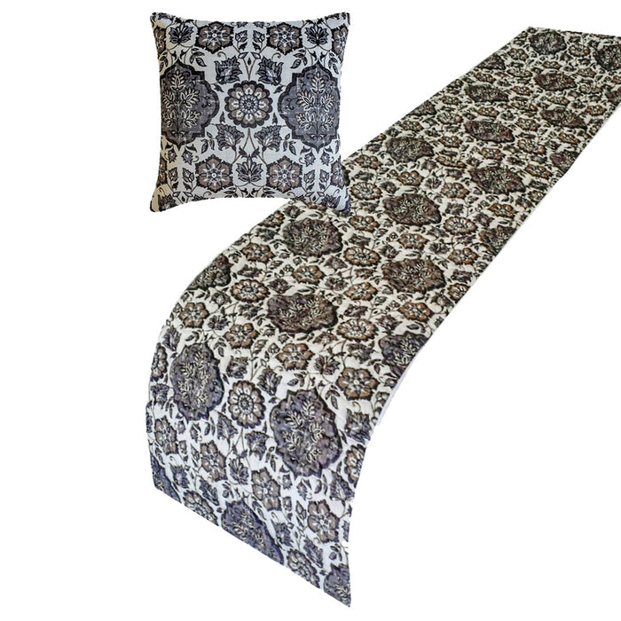 Golestan - Velvet Suede Grey, Blue & Brown Decorative Bed Runner and Pillow Cover