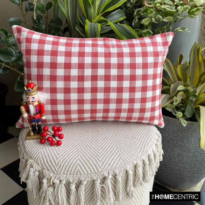 Grid Loom Red - Red Cotton Decorative Lumbar Pillow Cover