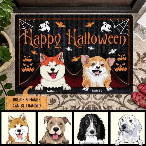 Halloween Custom Doormat, Gifts For Dog Lovers, Happy Halloween Dog Peeking From Curtain Holiday Doormat