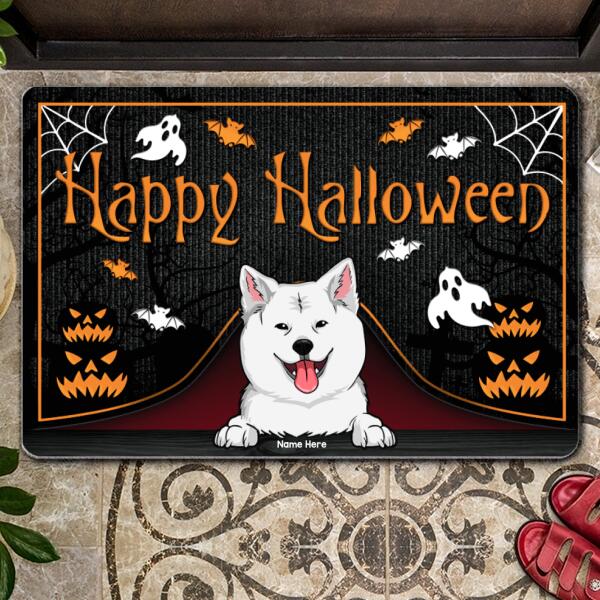 Halloween Custom Doormat, Gifts For Dog Lovers, Happy Halloween Dog Peeking From Curtain Holiday Doormat