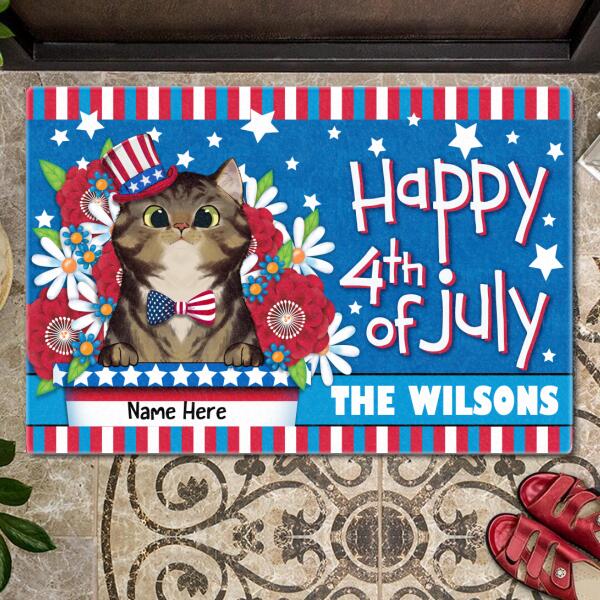 Happy 4th Of July - USA Hat and Bowtie - Personalized Cat Doormat