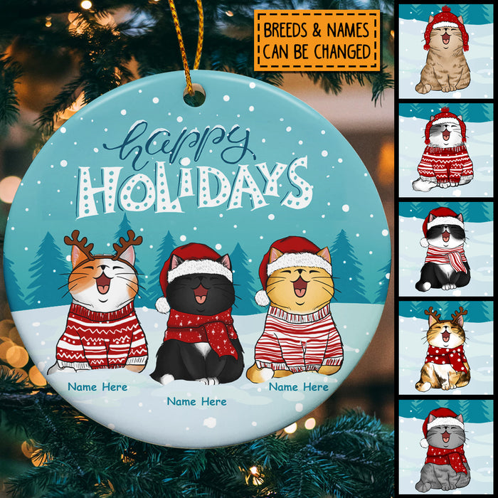 Happy Holiday - Bluetone Snow - Personalized Cat Christmas Ornament