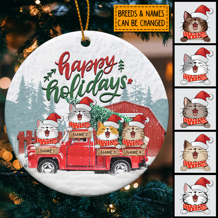 Happy Holiday - Red Truck Snow - Personalized Cat Christmas Ornament