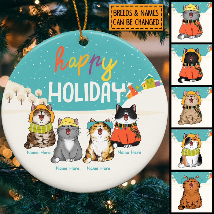 Happy Holiday - Winter Cats On Snow Field - Personalized Cat Christmas Ornament