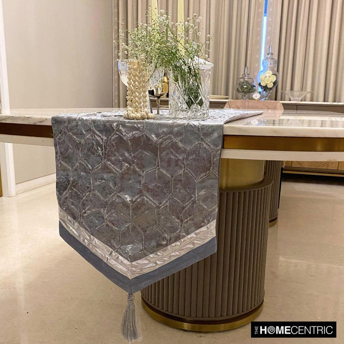 Hexagonal Foil - Blue Jacquard Silk Decorative Table Runner