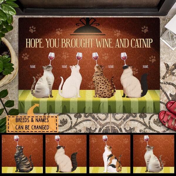 Hope You Brought Wine And Catnip - Cat On Green Table - Personalized Cat Doormat
