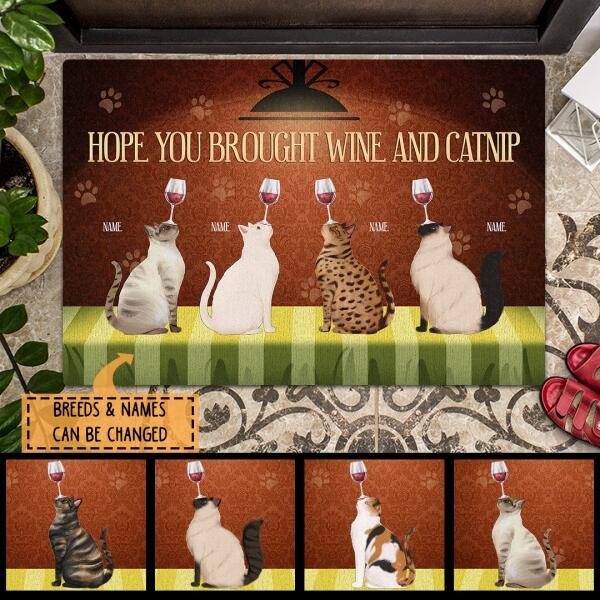 Hope You Brought Wine And Catnip - Cat On Green Table - Personalized Cat Doormat