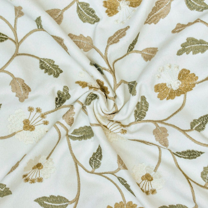 Ivory, Mustard Cotton with Embroidery Fabric by the Yard