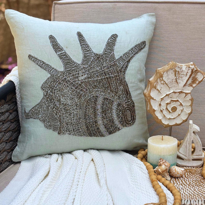 Light Blue Cotton Linen Throw Pillow Cover - Lone Shell