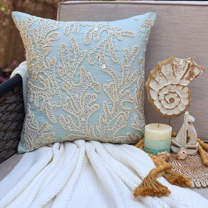 Light Blue Cotton Linen Throw Pillow Cover - Pearly Sea Tangle
