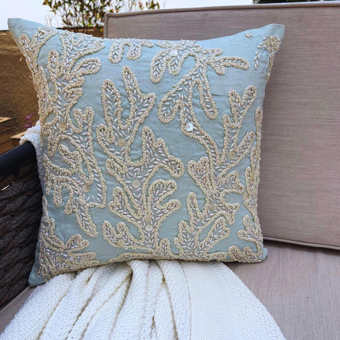 Light Blue Cotton Linen Throw Pillow Cover - Pearly Sea Tangle