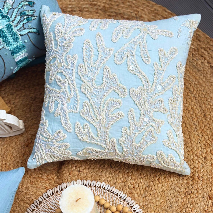 Light Blue Cotton Linen Throw Pillow Cover - Pearly Sea Tangle