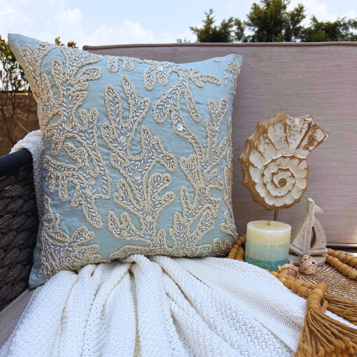 Light Blue Cotton Linen Throw Pillow Cover - Pearly Sea Tangle