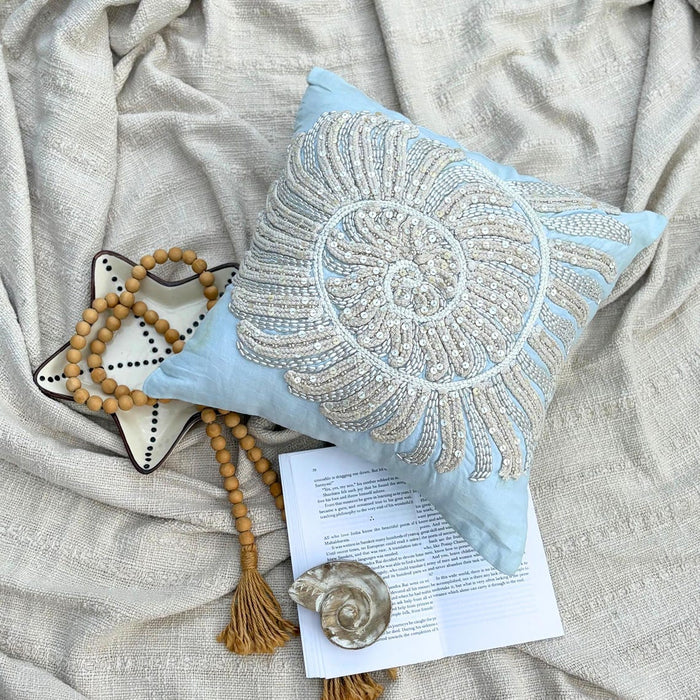 Light Blue Cotton Linen Throw Pillow Cover - Swirl Twirl