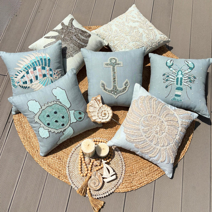 Light Blue Cotton Linen Throw Pillow Cover - Swirl Twirl