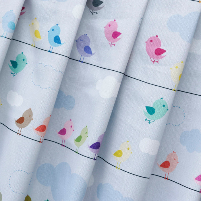 Light Blue Cute Birds Kids Printed Cotton Curtain Panels