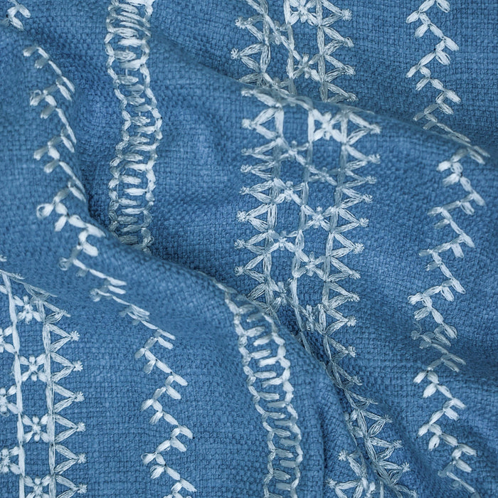 Light Blue, White Cotton Embroidered Fabric by the Yard