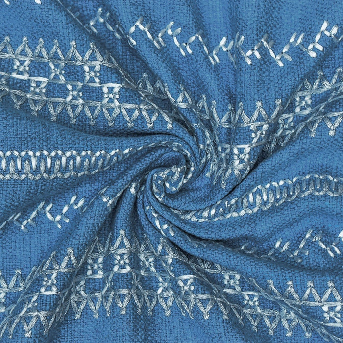 Light Blue, White Cotton Embroidered Fabric by the Yard