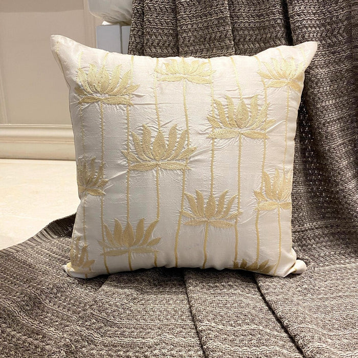 Lotus Serene - Ivory Art Silk Throw Pillow Cover