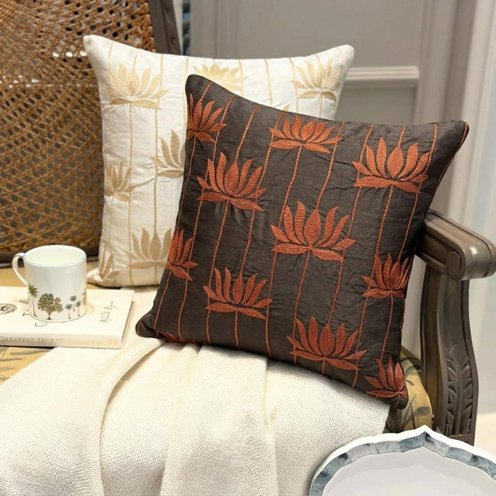Lotus Serene - Ivory Art Silk Throw Pillow Cover