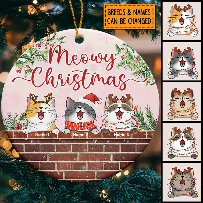 Meowy Christmas - Pink Background - Personalized Cat Christmas Ornament