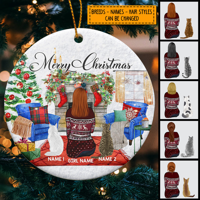 Merry Christmas - Girl And Cats Front Fireplace - Personalized Cat Christmas Ornament