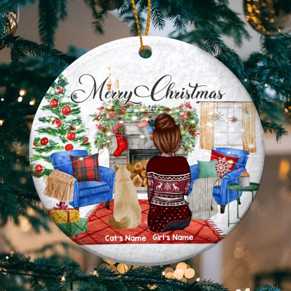 Merry Christmas - Girl And Cats Front Fireplace - Personalized Cat Christmas Ornament