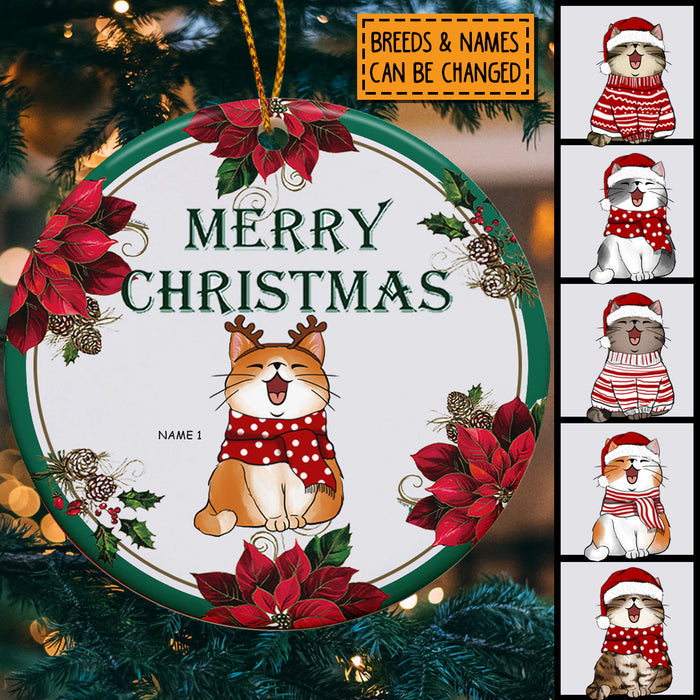 Merry Christmas - Red Flowers Around - Personalized Cat Christmas Ornament